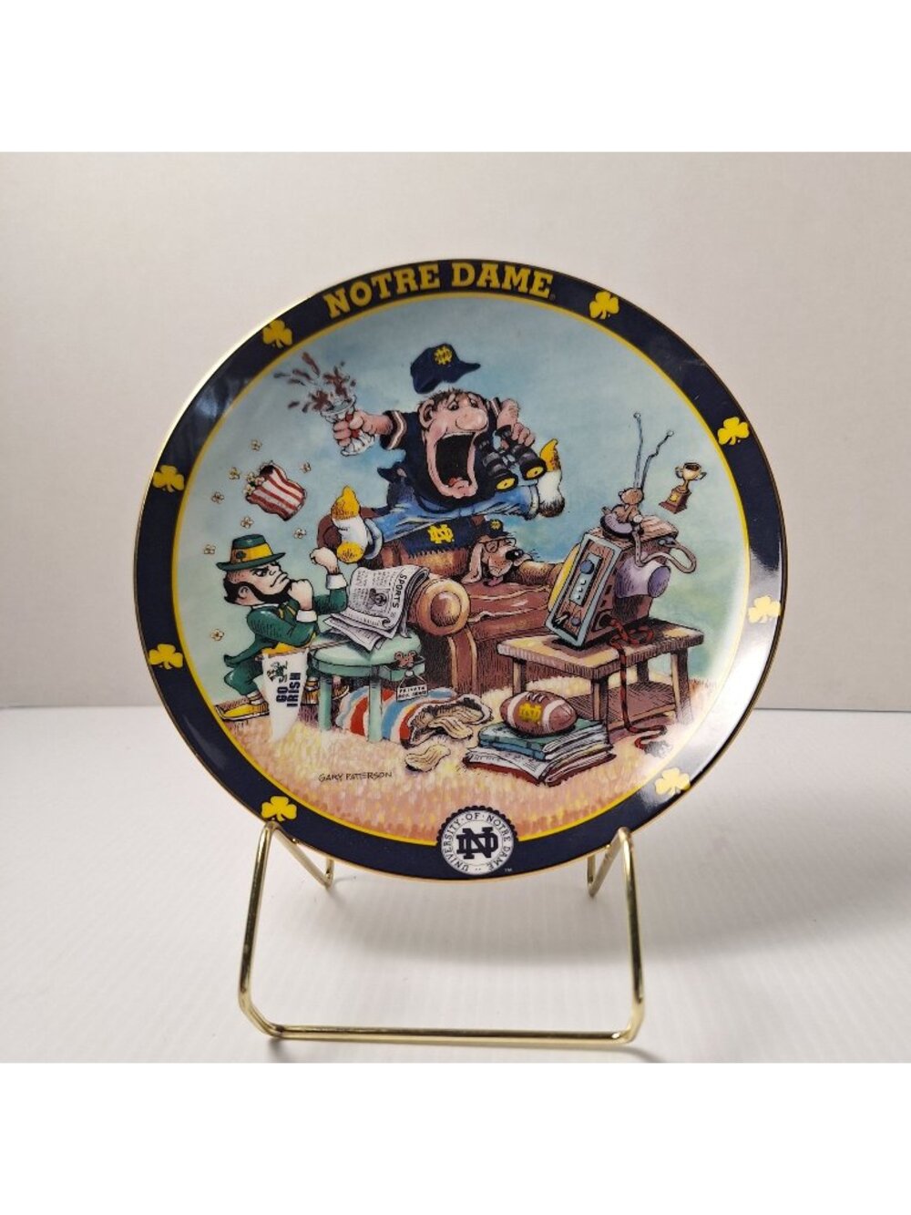 NOTRE DAME GARY PATTERSON DECORATIVE COLLECTOR PLATE FOOTBALL FAN HUMOR 24K GOLD - Picture 1 of 8